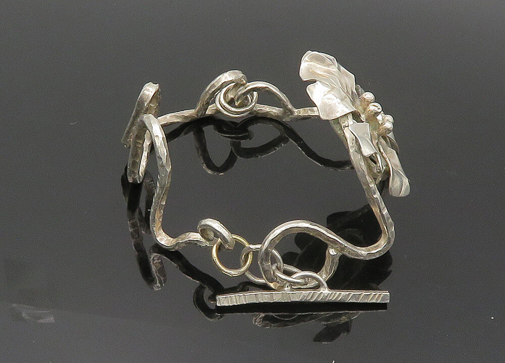 925 Sterling Silver  Vintage Mother Of Pearl Flower Chain Bracelet  BT8249