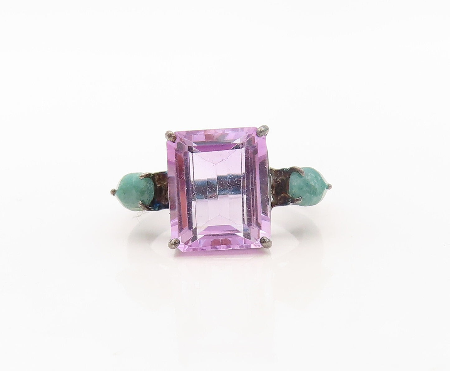 925 Sterling Silver Vintage Ring Amethyst & Drop Cut Green Gemstone Sz 8 RG30224