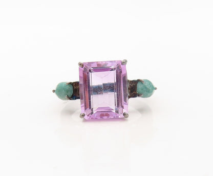 925 Sterling Silver Vintage Ring Amethyst & Drop Cut Green Gemstone Sz 8 RG30224