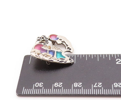 925 Sterling Silver Vintage Brooch Enameled Forest Landscape Cutout  BP11507