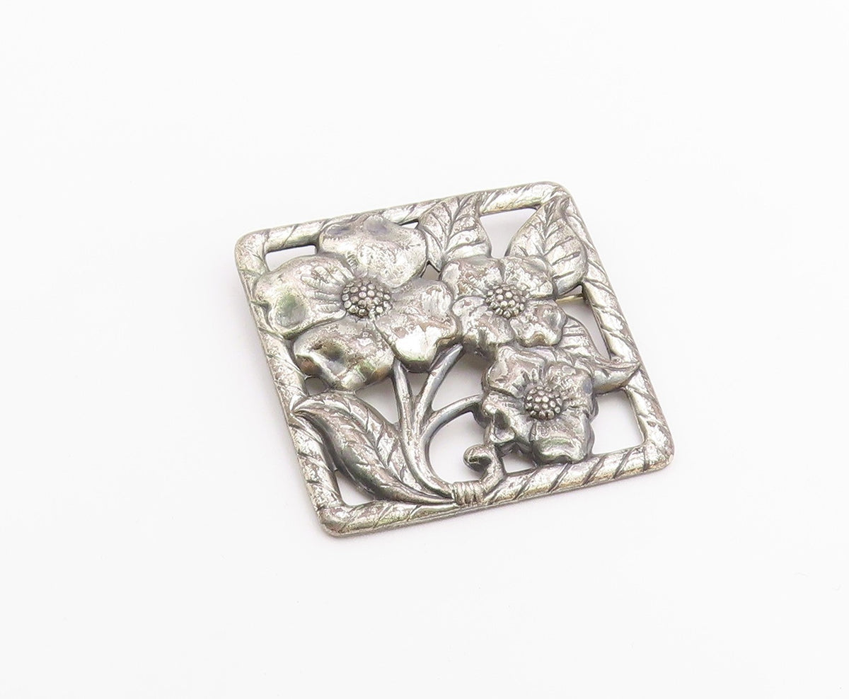 925 Sterling Silver  Vintage Dark Tone Flowers Etched Detail Brooch Pin BP5633