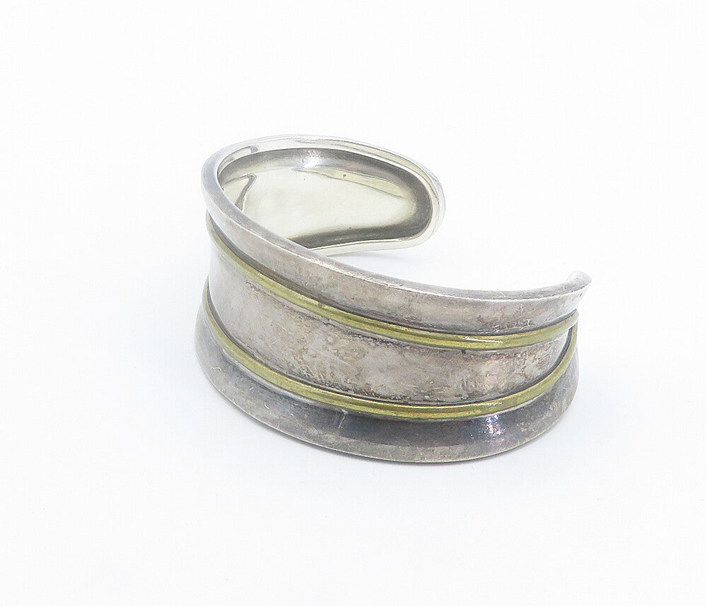 MEXICO 925 Sterling Silver Vintage Two Tone Striped Cuff Bracelet BT3393