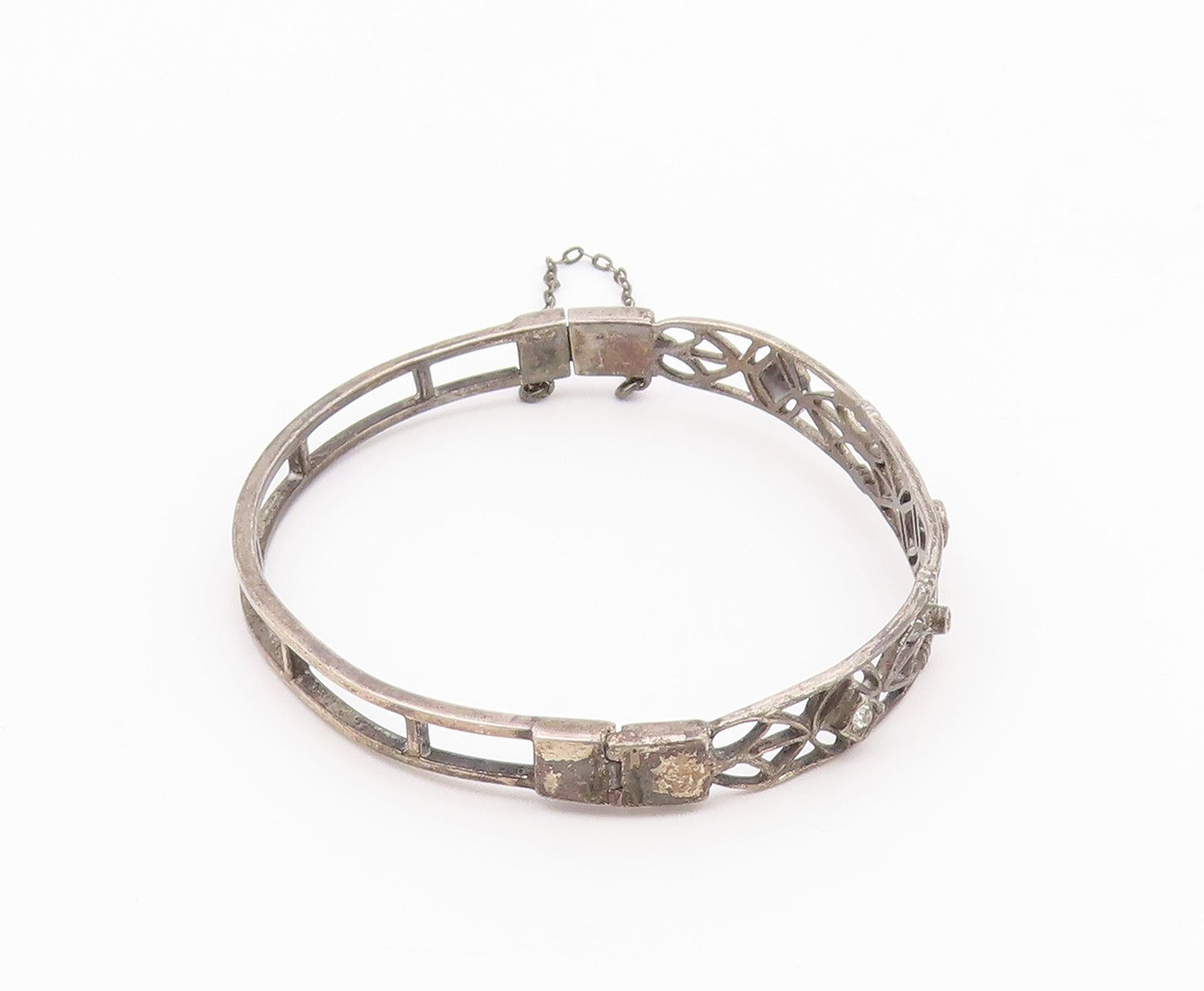 925 Sterling Silver Vintage Geometric Cutout Topaz Bangle Bracelet BT9383