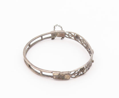 925 Sterling Silver Vintage Geometric Cutout Topaz Bangle Bracelet BT9383