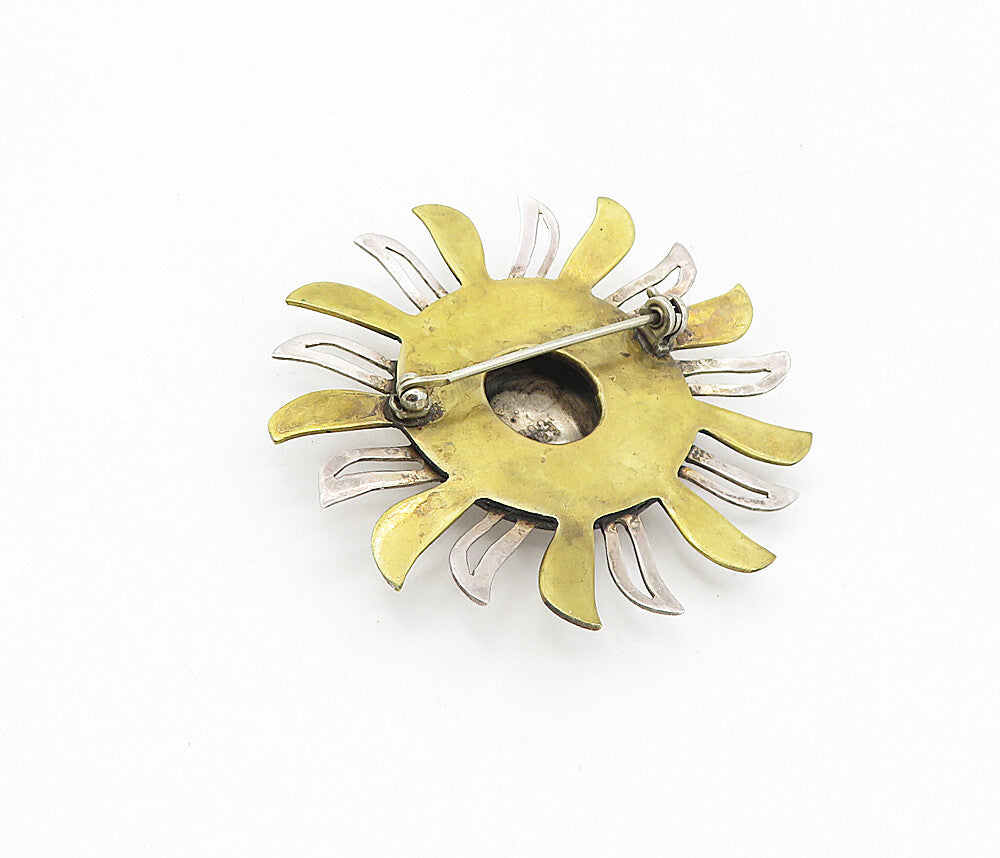 MEXICO 925 Sterling Silver  Vintage 2 Tone Etched Sun Face Brooch Pin  BP3119