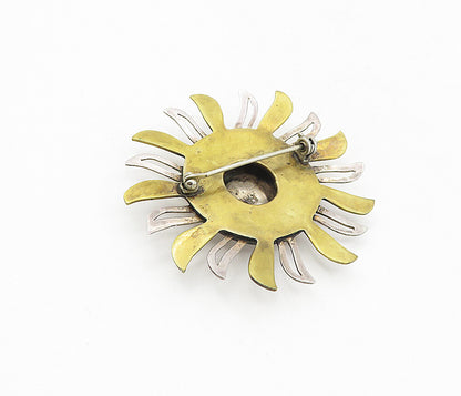 MEXICO 925 Sterling Silver  Vintage 2 Tone Etched Sun Face Brooch Pin  BP3119