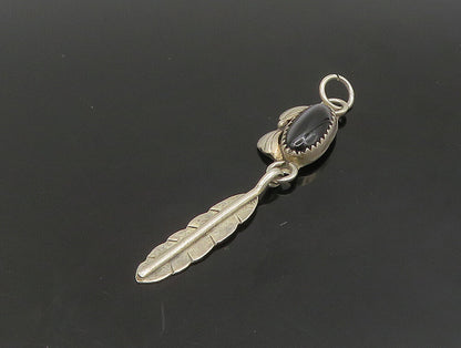 NAVAJO 925 Silver  Vintage Black Onyx Feather Floral Leaf Pendant  PT19556