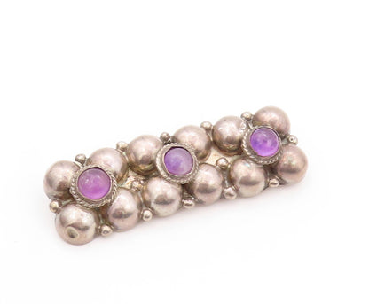 925 Sterling Silver Vintage Brooch MEXICO Cabochon Amethyst Flower Band  BP11537