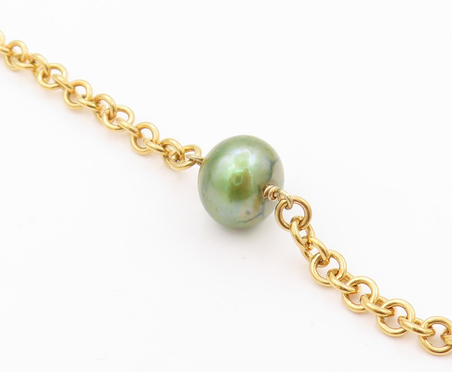 925 Sterling Silver Vintage Necklace Gold Plated Minimalist Green Pearls NE4507