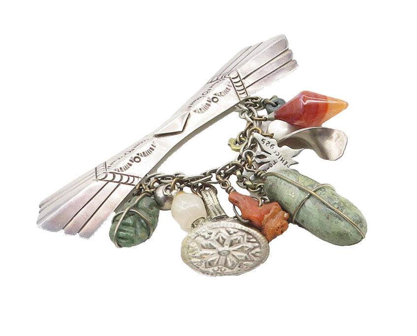 MEXICO 925 Silver  Vintage Antique Agate Turquoise & Topaz Brooch Pin  BP4099