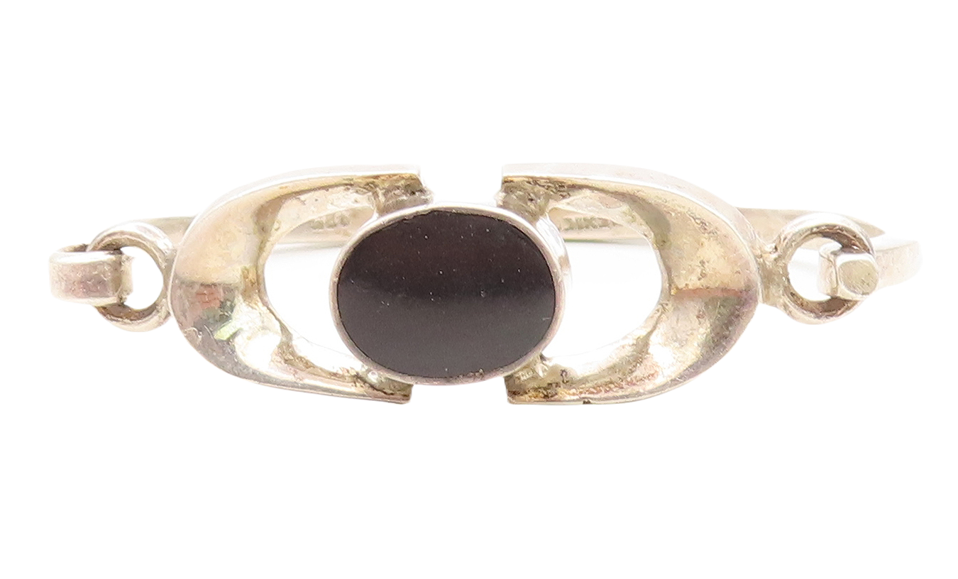 MEXICO 925 Sterling Silver  Vintage Black Onyx Hook Bangle Bracelet  BT2754