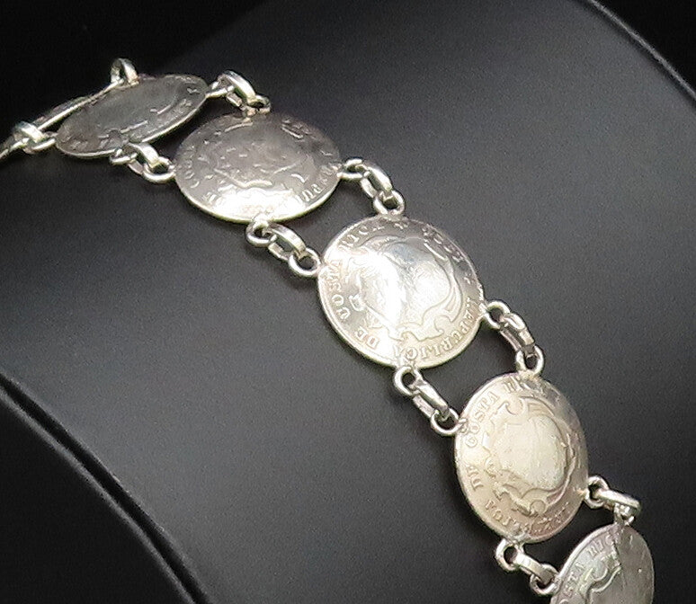 925 Sterling Silver  Vintage Costa Rica Crest Coin Chain Bracelet  BT9706