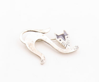 925 Sterling Silver Vintage Brooch Pin MEXICO Solid Enameled Cutout Cat  BP11260