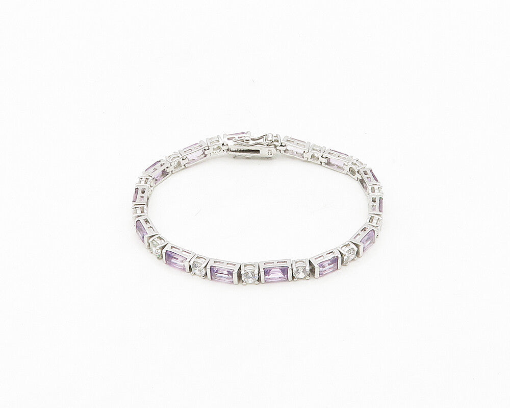 925 Sterling Silver  Shiny Cubic Zirconia & Amethyst Chain Bracelet  BT7008