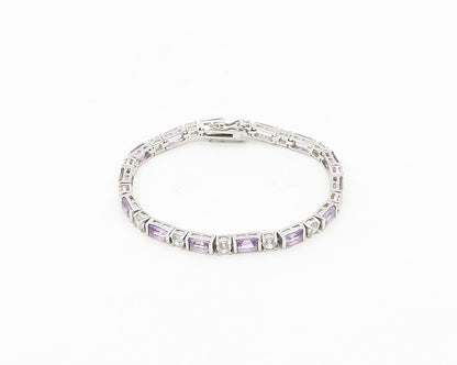 925 Sterling Silver  Shiny Cubic Zirconia & Amethyst Chain Bracelet  BT7008