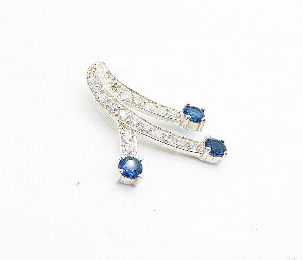 925 Sterling Silver  Cubic Zirconia & Blue Topaz Swirl Ribbon Pendant  PT3374