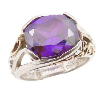 925 Sterling Silver Vintage Ring Faceted Amethyst Openwork Band  Sz 8  RG34884