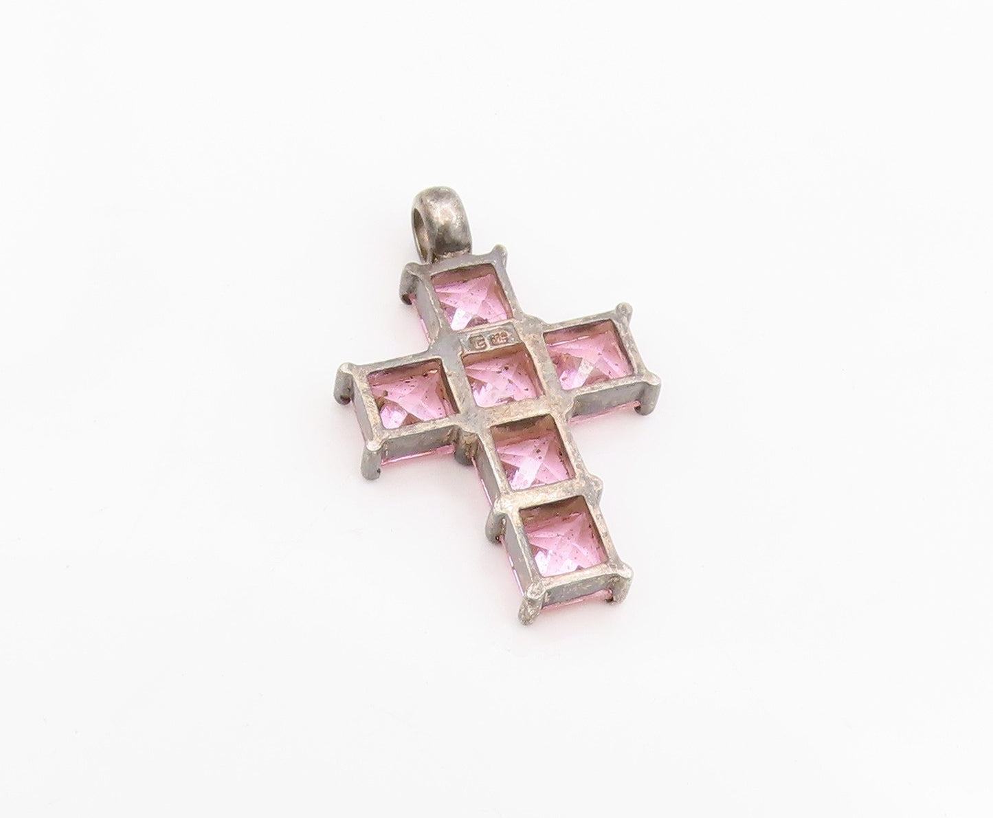 925 Sterling Silver Vintage Pendant Pink Topaz Religious Cross Charm  PT25688