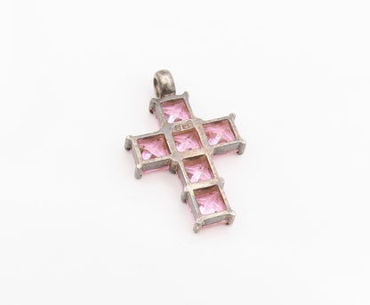 925 Sterling Silver Vintage Pendant Pink Topaz Religious Cross Charm  PT25688