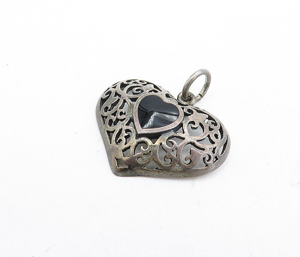 925 Sterling Silver  Vintage Inlaid Black Onyx Swirl Love Heart Pendant PT3553