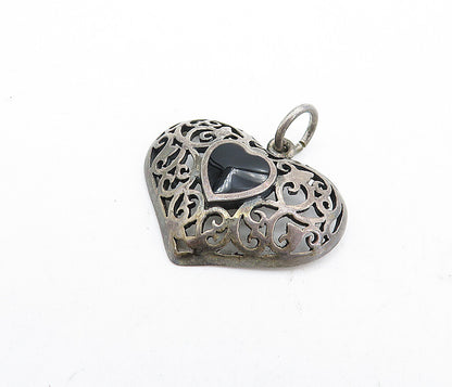 925 Sterling Silver  Vintage Inlaid Black Onyx Swirl Love Heart Pendant PT3553