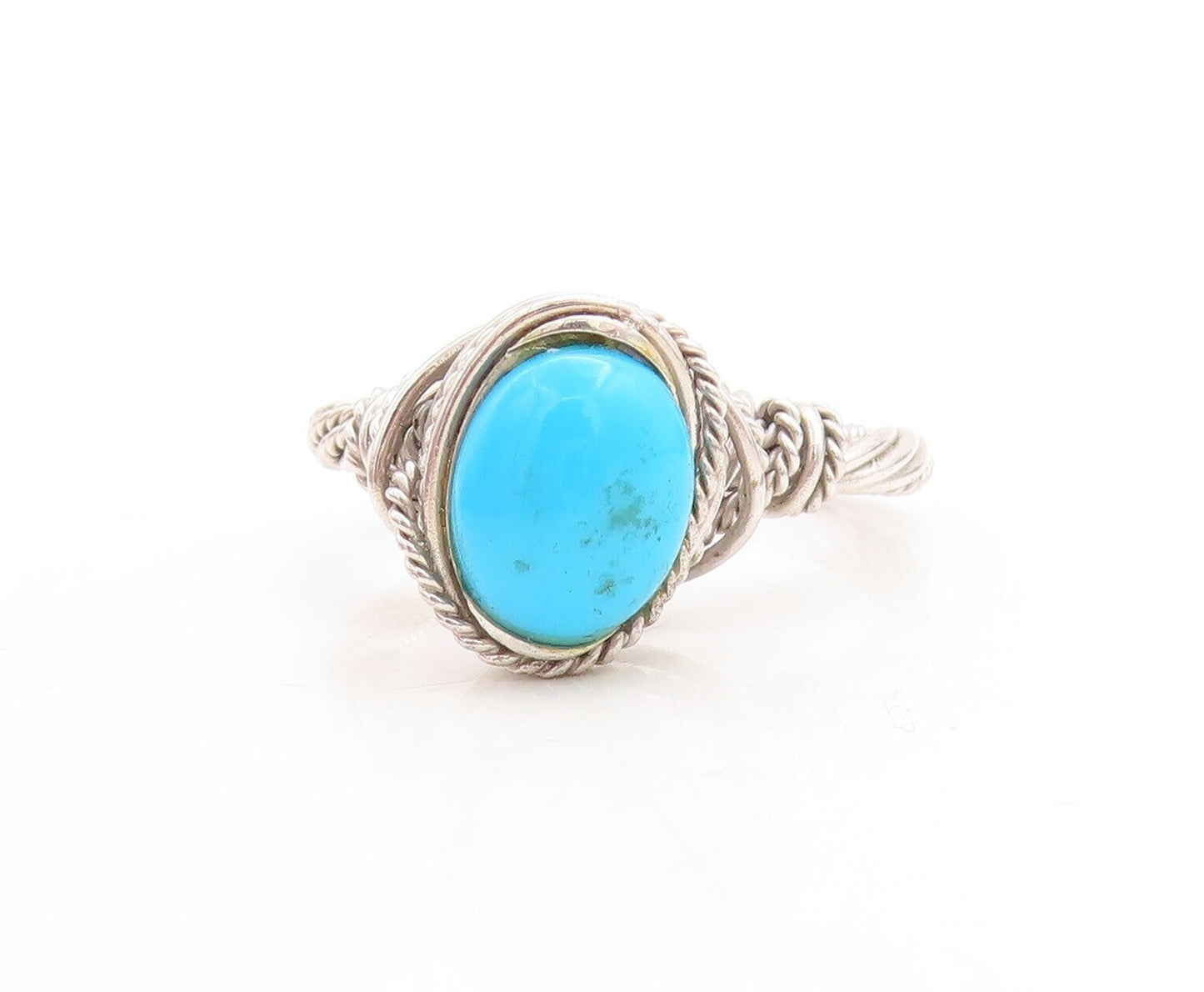 925 Sterling Silver Vintage Ring Modernist Rope Carved Turquoise Sz 10  RG31482