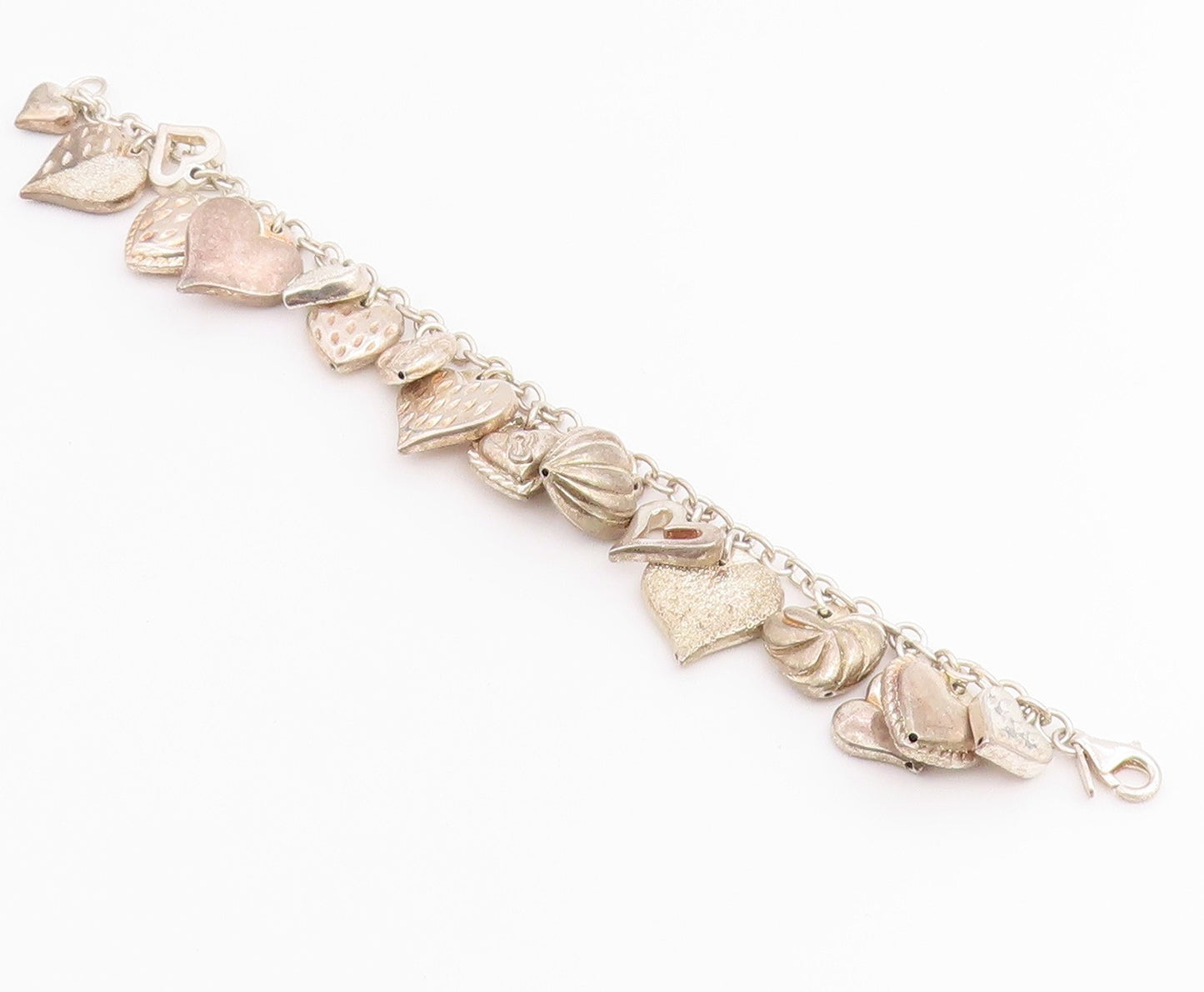 925 Sterling Silver Vintage Bracelet Multi Pattern Puffy Love Heart Link BT12207
