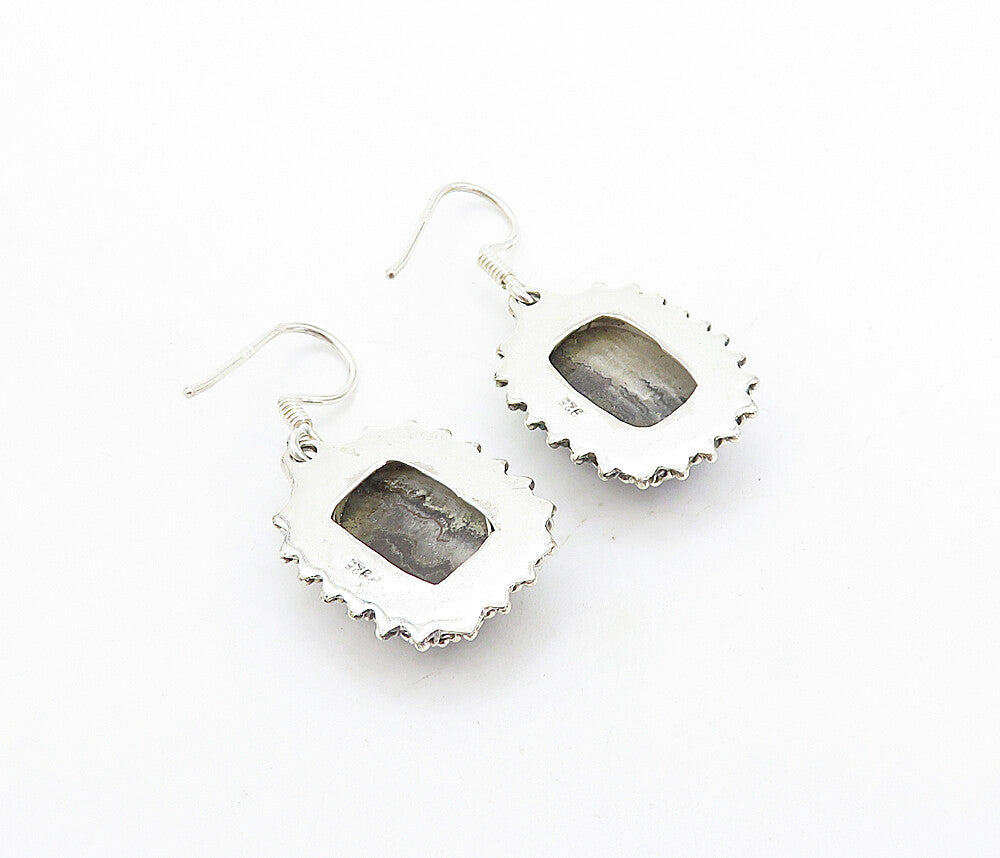 925 Sterling Silver  Vintage Cabochon Cut Agate Square Dangle Earrings  EG3198