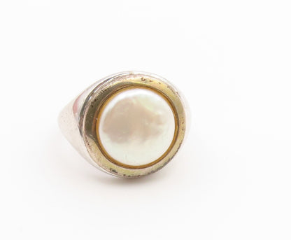 14k Gold & 925 Sterling Silver Vintage Ring Classic Pearl Band  Sz 8  RG36922