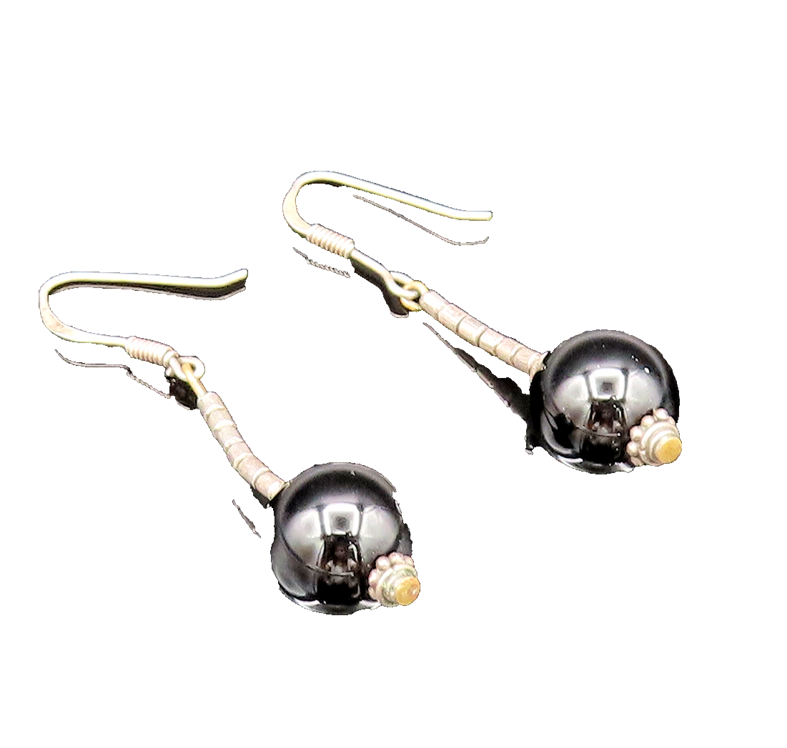 925 Silver  Vintage Detailed Bar & Black Onyx Bead Ball Drop Earrings  EG12281