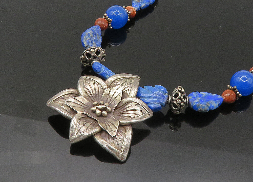 925 Silver  Vintage Lapis Lazuli Sodalite & Goldstone Chain Necklace  NE3529