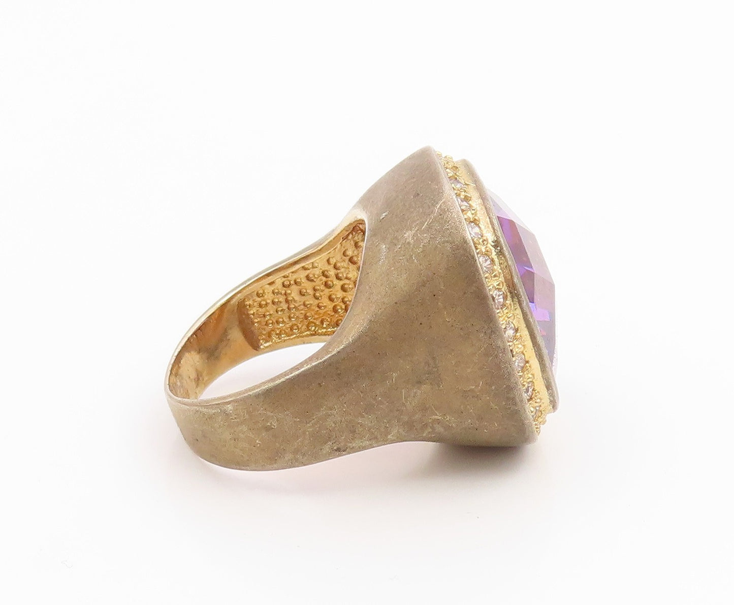 925 Sterling Silver Vintage Ring Gold Plated Amethyst Halo CZ Band Sz 6 RG36235