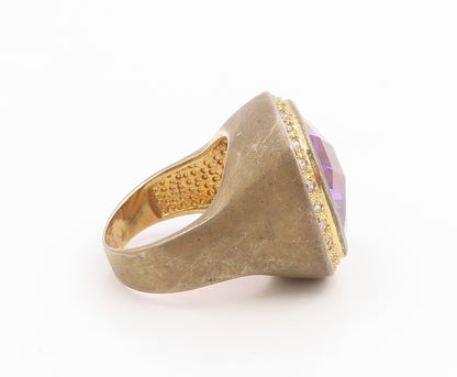 925 Sterling Silver Vintage Ring Gold Plated Amethyst Halo CZ Band Sz 6 RG36235