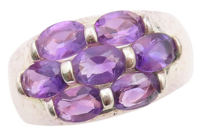 925 Sterling Silver Vintage Ring Solid Oval Amethyst Floral Inlay SZ 8 RG32092