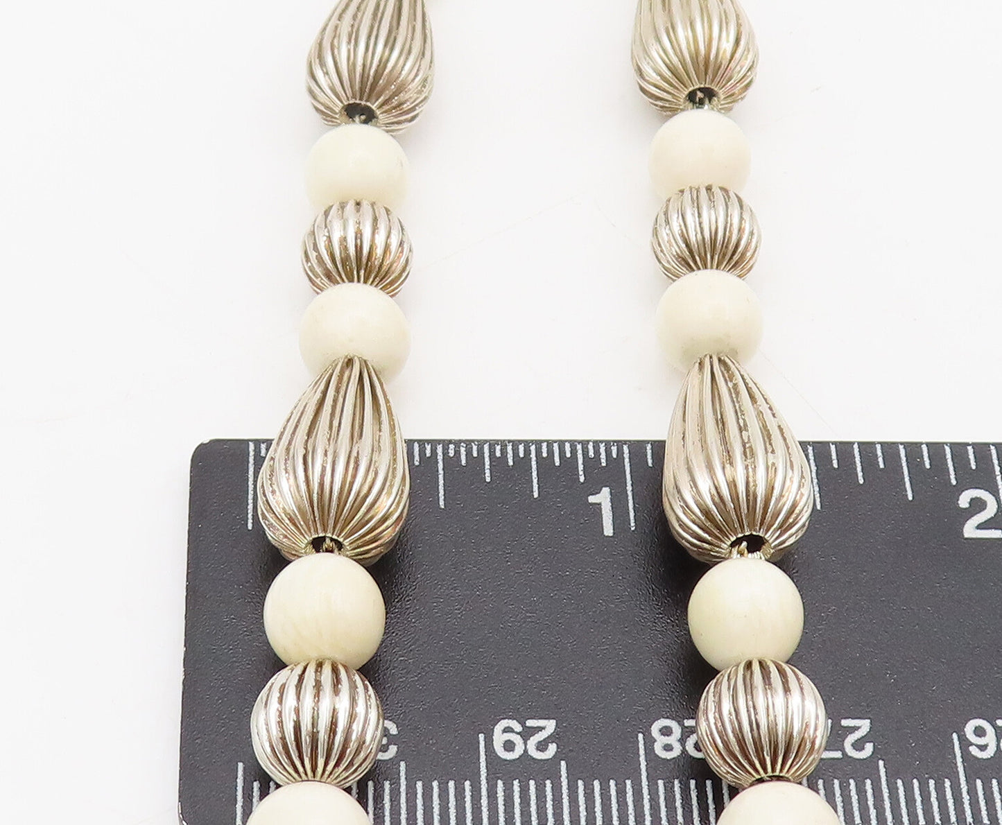 DOBBS 925 Sterling Silver  Vintage Carved & White Beaded Long Necklace  NE4182