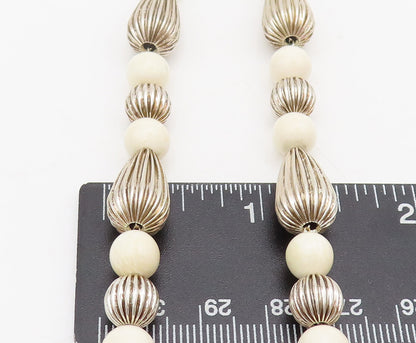 DOBBS 925 Sterling Silver  Vintage Carved & White Beaded Long Necklace  NE4182