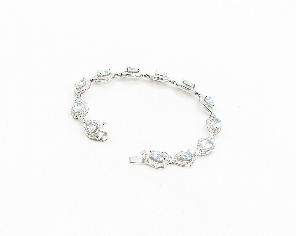 925 Sterling Silver  Shiny Genuine Diamond & Blue Topaz Chain Bracelet  BT7254