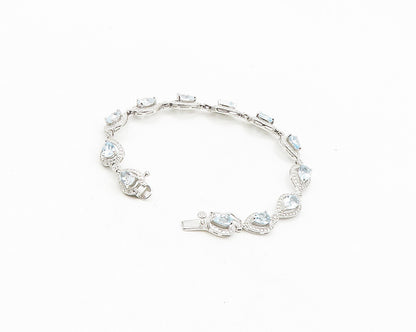 925 Sterling Silver  Shiny Genuine Diamond & Blue Topaz Chain Bracelet  BT7254