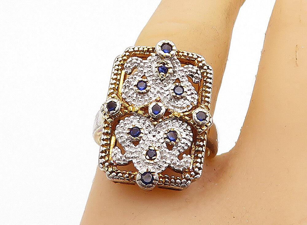 925 Silver  Vintage Blue Topaz Pretzel Swirl Square Cocktail Ring Sz 8  RG7169