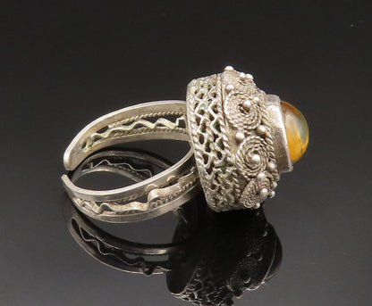 ISRAEL 925 Silver  Vintage Beaded Rope Spiral Tiger's Eye Ring Sz 9  RG24956