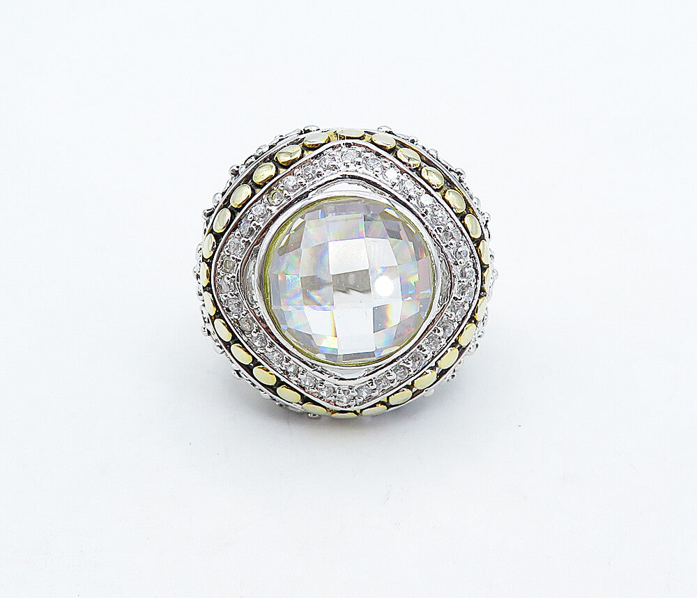 925 Sterling Silver  Cubic Zirconia 2 Tone Floral Cocktail Ring Sz 9.5  RG4947