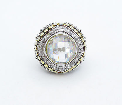 925 Sterling Silver  Cubic Zirconia 2 Tone Floral Cocktail Ring Sz 9.5  RG4947