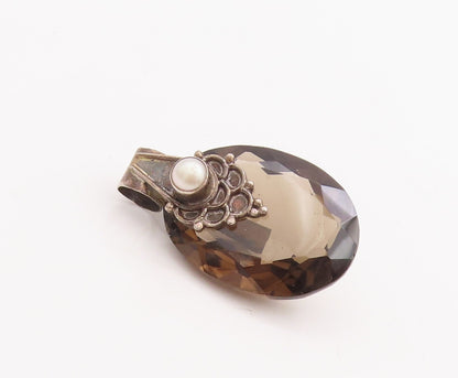 925 Sterling Silver Vintage Pendant Large Oval Smokey Quartz & Pearl  PT23345