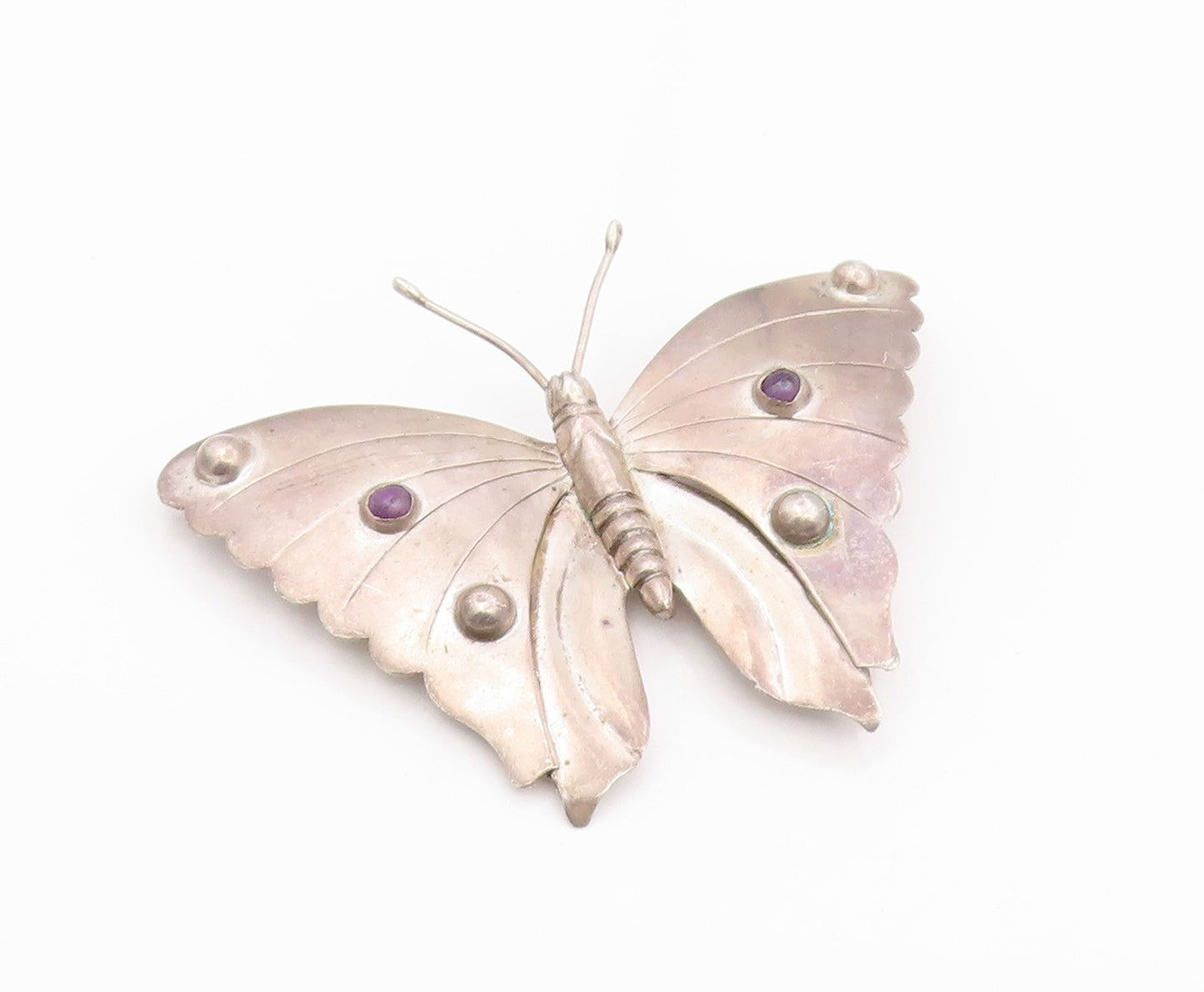 925 Sterling Silver Vintage Brooch Pin MEXICO Round Amethyst Butterfly  BP12509