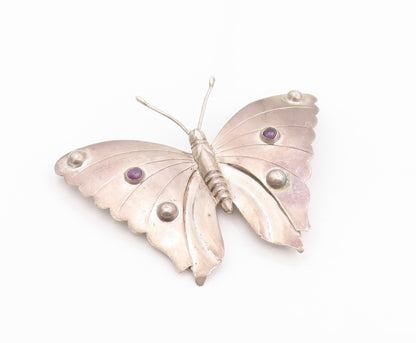 925 Sterling Silver Vintage Brooch Pin MEXICO Round Amethyst Butterfly  BP12509