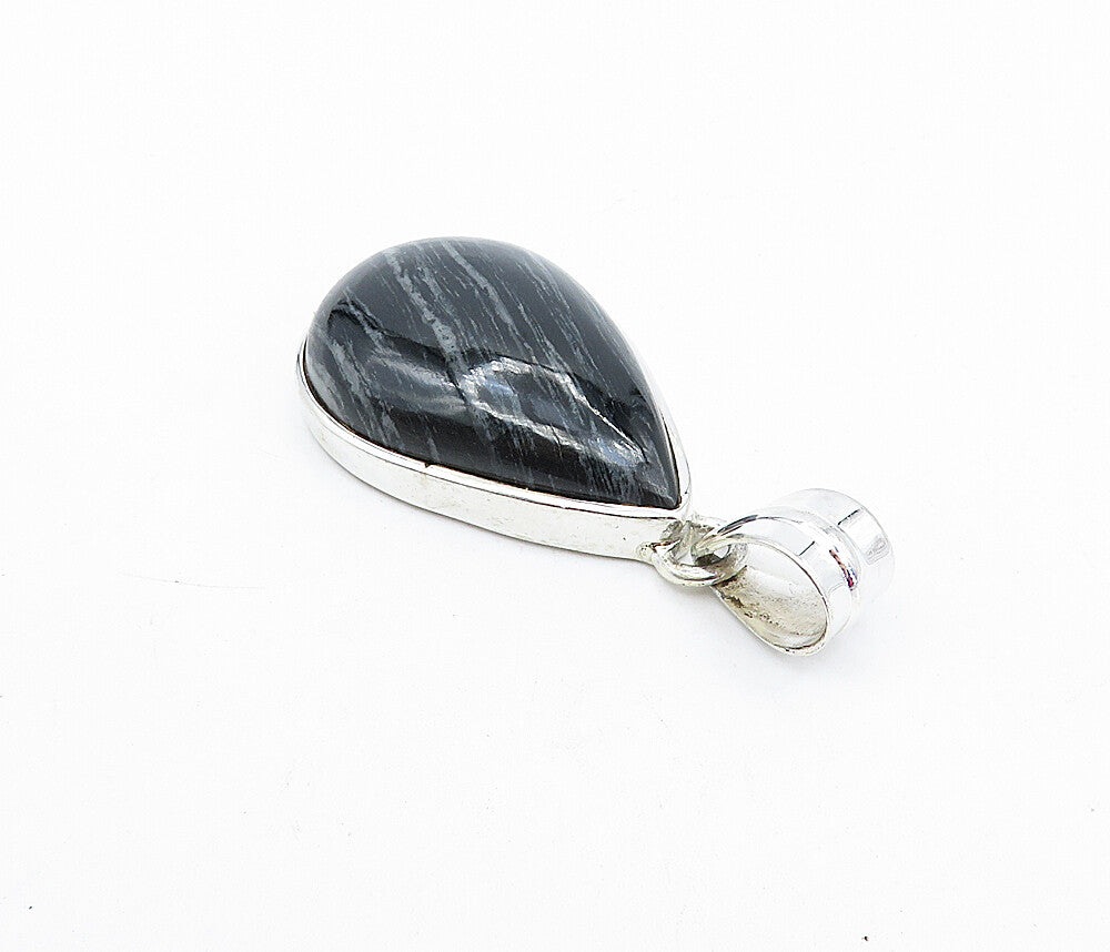 925 Sterling Silver  Cabochon Cut Black Agate Shiny Tear Drop Pendant  PT3123