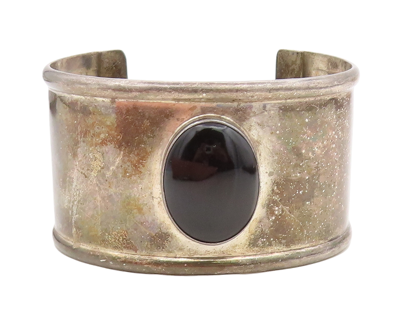 MEXICO 925 Sterling Silver Vintage Black Onyx Dark Tone Cuff Bracelet BT2823