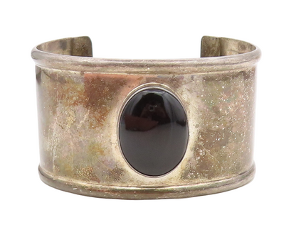 MEXICO 925 Sterling Silver Vintage Black Onyx Dark Tone Cuff Bracelet BT2823