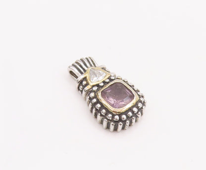 925 Sterling Silver Vintage Pendant Two Tone Square & Triangle CZ Carved PT23288