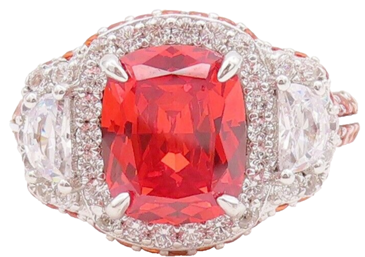 925 Sterling Silver Vintage Ring Designer Orange Red & White CZ  Sz 7  RG29505